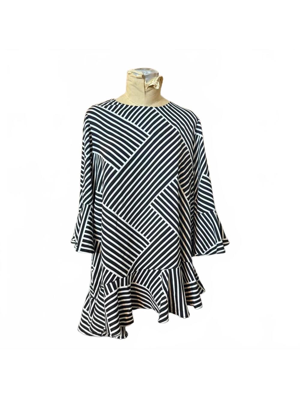 Jessica London Women's Black and White Striped Flounce Hem Dress